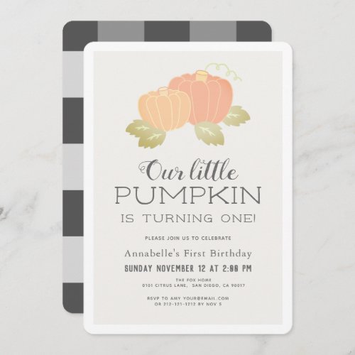 Little Pumpkin Beige Black Gingham 1st Birthday Invitation