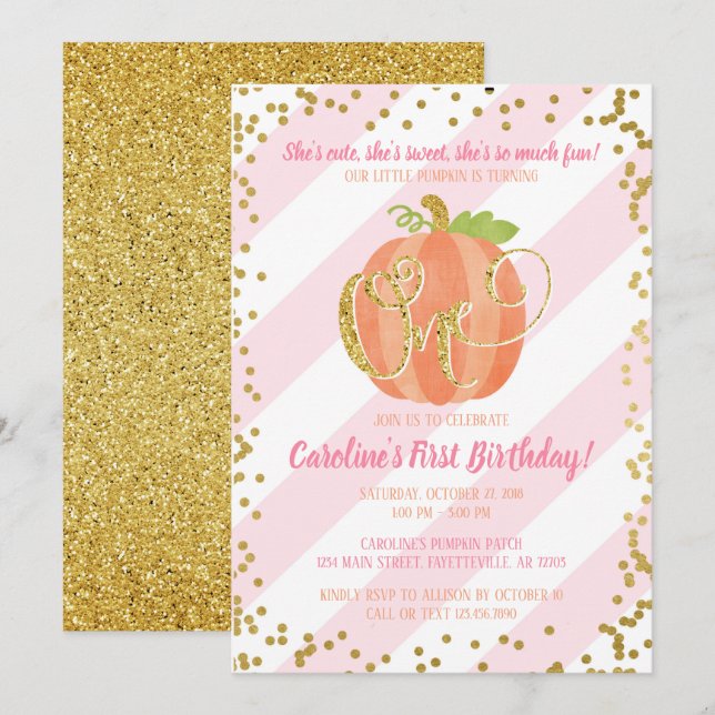Little Pumpkin Birthday Invitation Pink and Gold (Front/Back)
