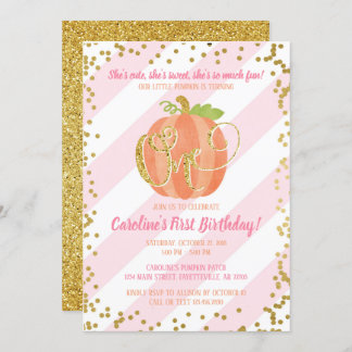 Little Pumpkin Birthday Invitation Pink and Gold
