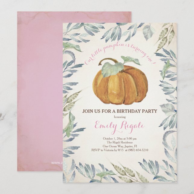 Little Pumpkin BIRTHDAY PARTY Invitation, Girl Invitation (Front/Back)