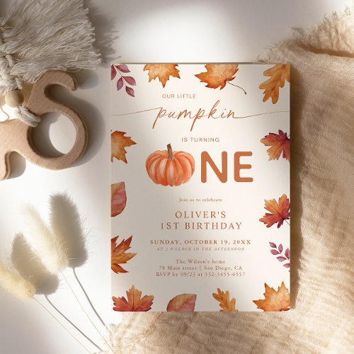 Little Pumpkin Birthday Watercolor Autumn Leaves Invitation