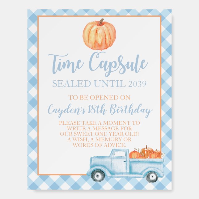 Little Pumpkin blue 1st Birthday Time Capsule Foam Board (Front)