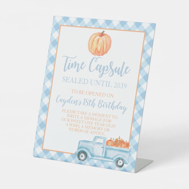 Little Pumpkin blue 1st Birthday Time Capsule Pedestal Sign (Front)