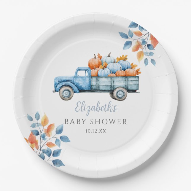 Little Pumpkin Blue Baby Shower Photo Backdrop Paper Plates (Front)