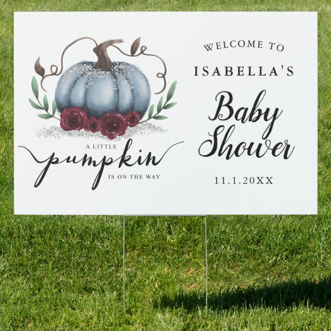 Little Pumpkin Blue Baby Shower Welcome Yard Sign (Insitu)
