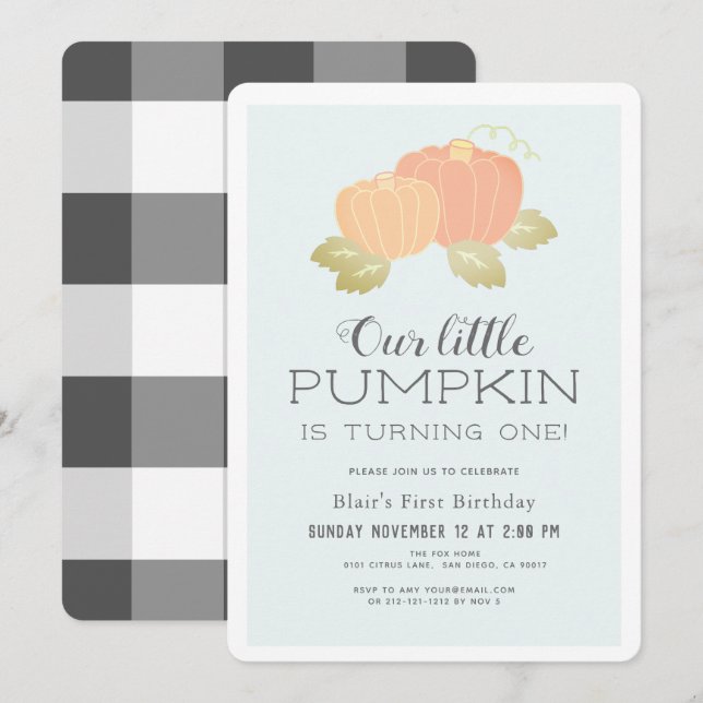 Little Pumpkin Blue Black 1st Birthday Invitation (Front/Back)