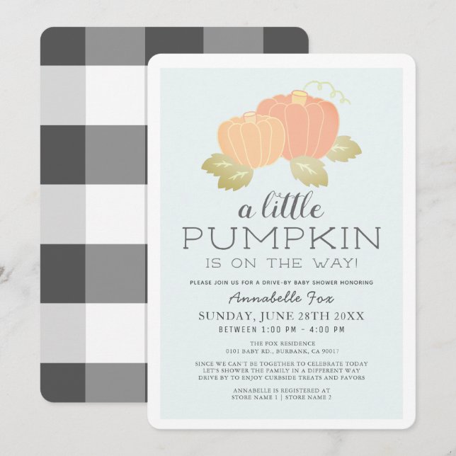 Little Pumpkin Blue Black Drive-by Baby Shower Invitation (Front/Back)