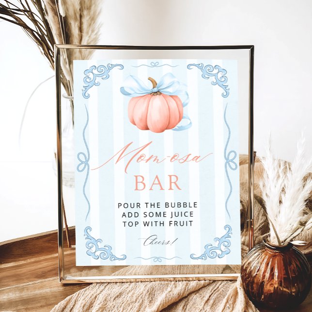Little Pumpkin Blue Bow Baby Shower Mom-osa Bar Poster (Creator Uploaded)