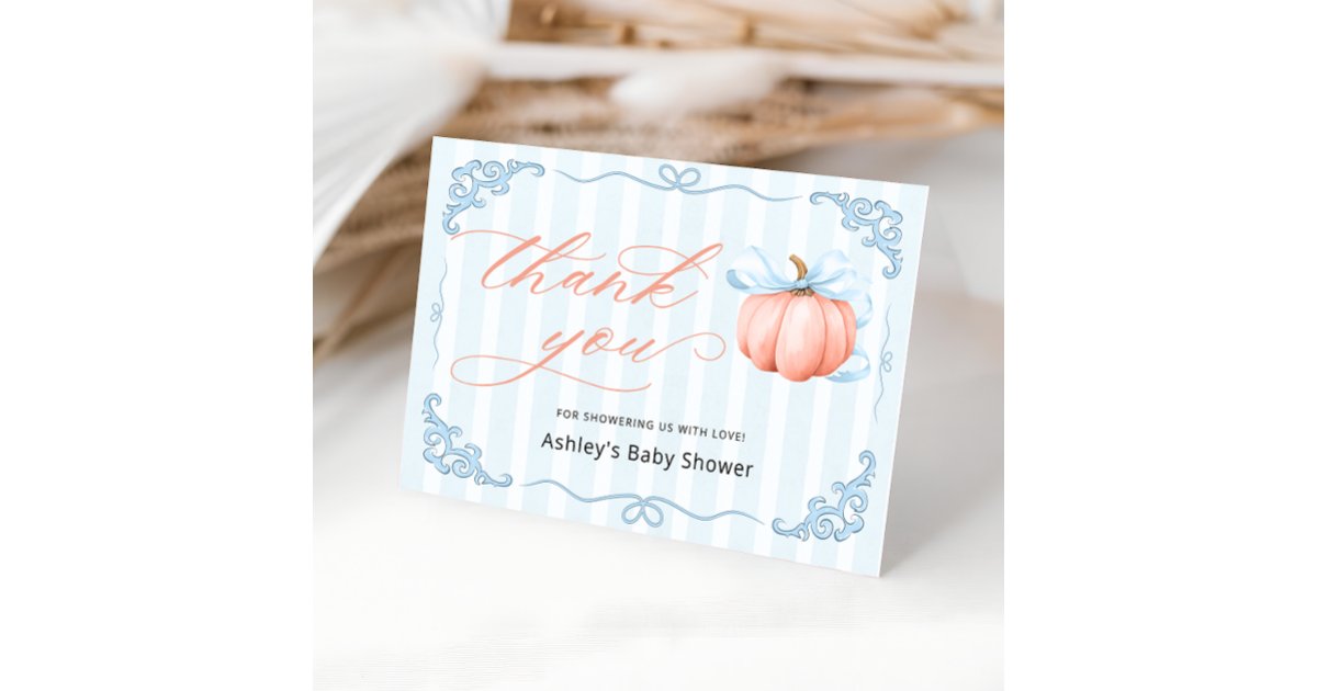 Little Pumpkin Blue Bow Baby Shower Thank You Card | Zazzle