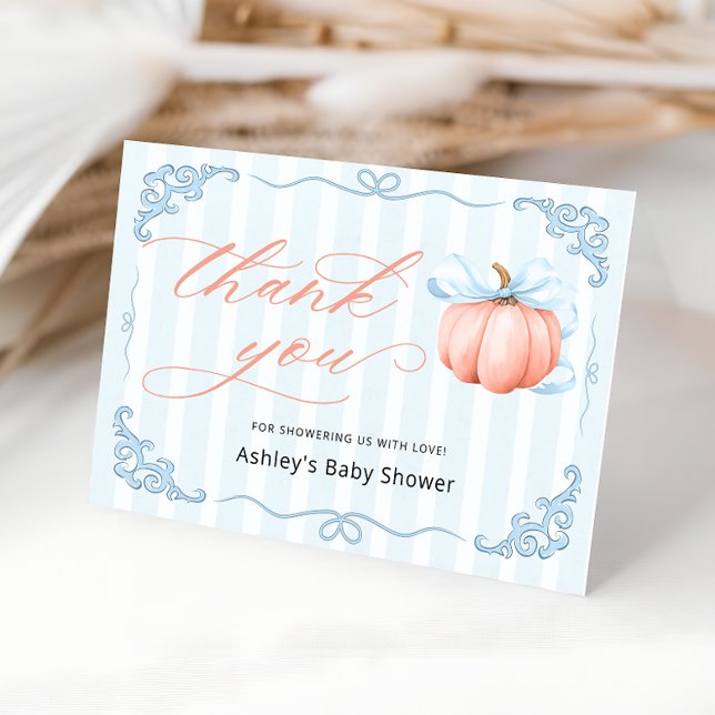 Little Pumpkin Blue Bow Baby Shower Thank You Card (Creator Uploaded)