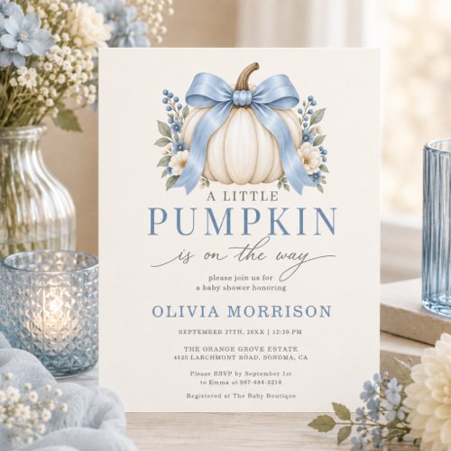 Little Pumpkin Blue Bow Boy Baby Shower Invitation, Traditional · Blue · Baby Boy