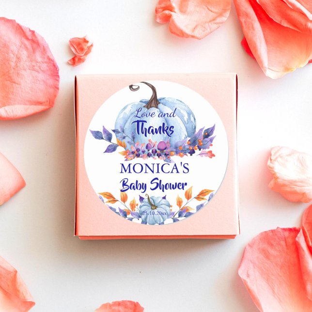 Little pumpkin blue boy baby shower favor classic round sticker (Little pumpkin boy baby shower  thank you favor gift stickers blue pumpkin autumn foliage favor)