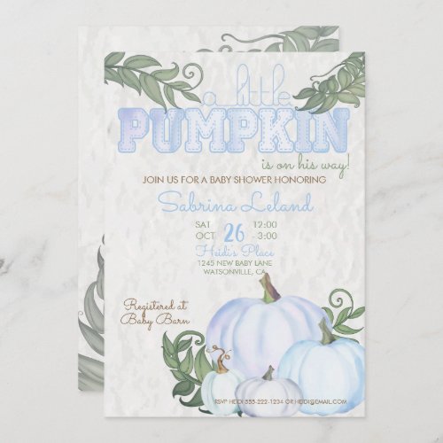 Little Pumpkin Blue Boy Baby Shower Invitation