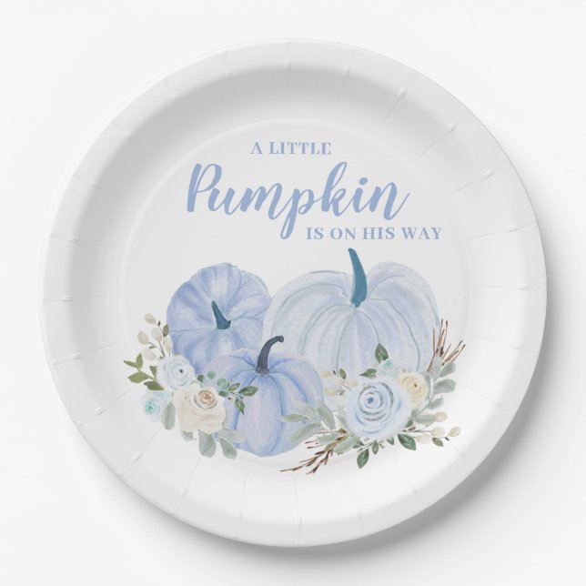 Little Pumpkin Blue Boy Baby Shower Paper Plates (Front)