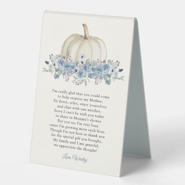 Little Pumpkin Blue Boy Baby Shower Table Tent (Front)