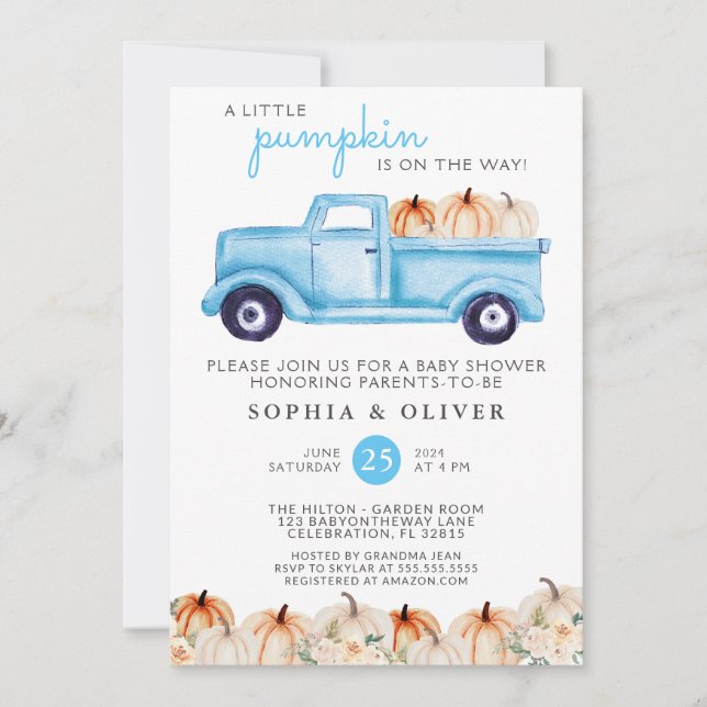 Little Pumpkin Blue Boy Couples Baby Shower Invitation (Front)