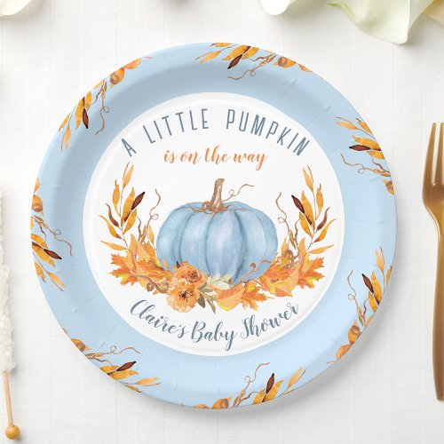 Little Pumpkin Blue Fall Autumn Boy Baby Shower Paper Plates