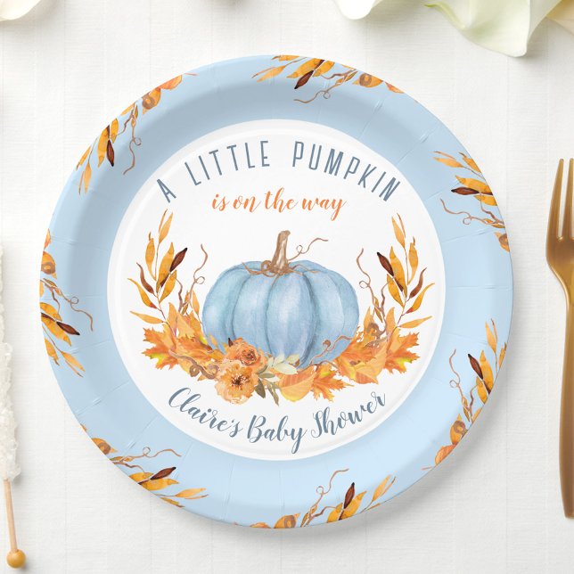 Little Pumpkin Blue Fall Autumn Boy Baby Shower Paper Plates (Little Pumpkin Blue Baby Shower Paper Plates)