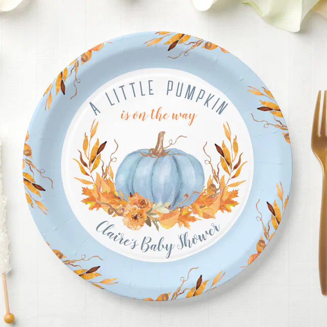 Little Pumpkin Blue Fall Autumn Boy Baby Shower Paper Plates | Zazzle