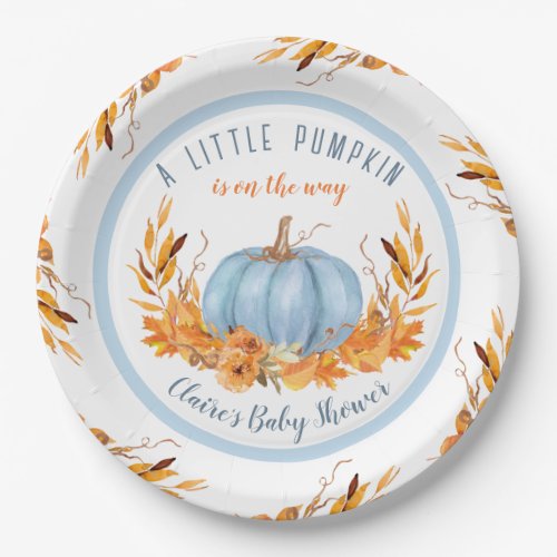 Little Pumpkin Blue Fall Boy Baby Shower Paper Plates