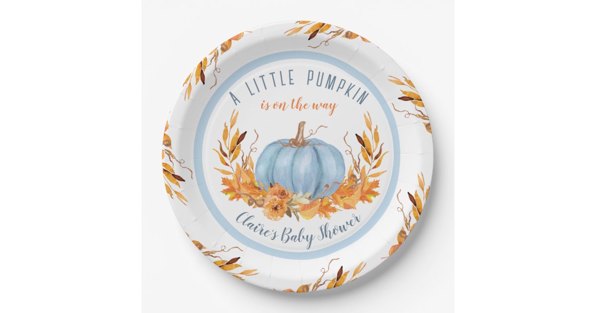 Little Pumpkin Blue Fall Boy Baby Shower Paper Plates | Zazzle