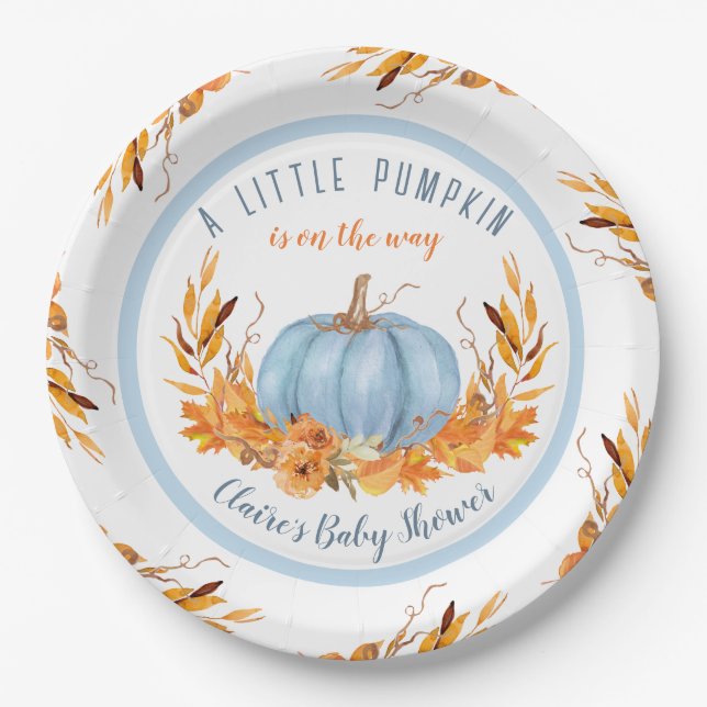 Little Pumpkin Blue Fall Boy Baby Shower Paper Plates (Front)