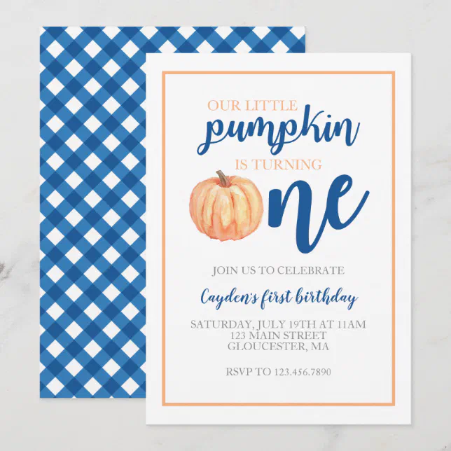Little Pumpkin Blue Fall First Birthday Invitation | Zazzle