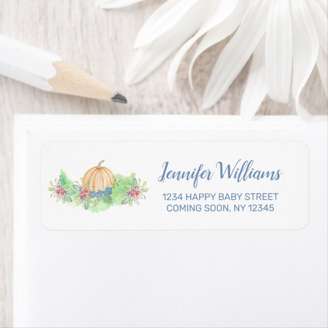 Little Pumpkin Blue Fall Floral Baby Shower  Label (Insitu)