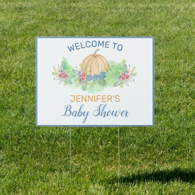 Little Pumpkin Blue Fall Floral Baby Shower Yard Sign (Insitu)