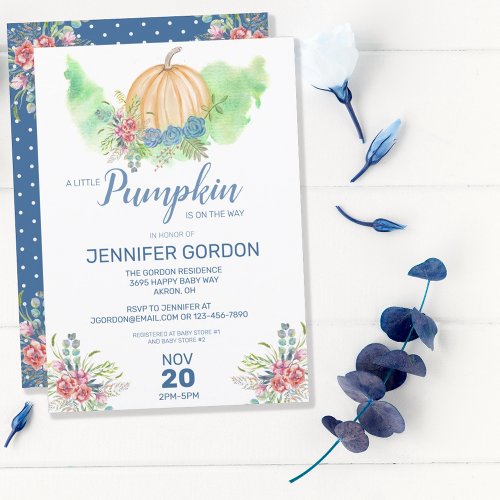 Little Pumpkin Blue Fall Floral Boy Baby Shower Invitation