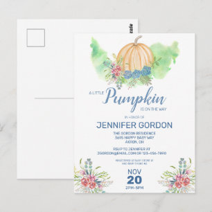 Little Pumpkin Blue Floral Baby Shower Invitation Postcard