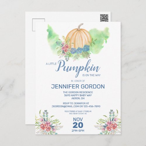 Little Pumpkin Blue Floral Baby Shower Invitation Postcard