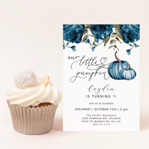 Little Pumpkin Blue Floral Birthday Invitation