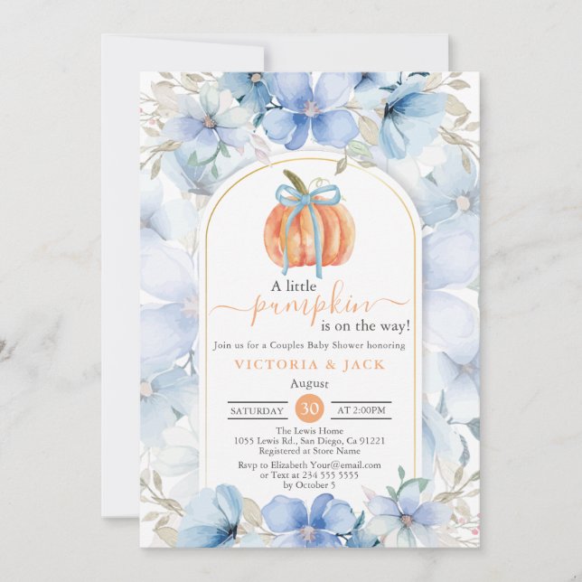 Little Pumpkin Blue Floral Garden Fall Baby Shower Invitation (Front)