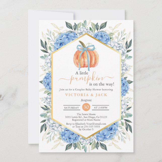 Little Pumpkin Blue Floral Leaves Fall Baby Shower Invitation (Front)