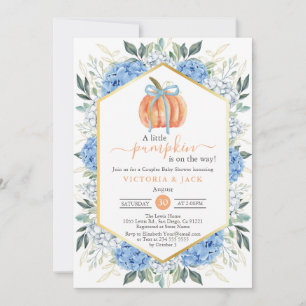 Little Pumpkin Blue Floral Leaves Fall Baby Shower Invitation