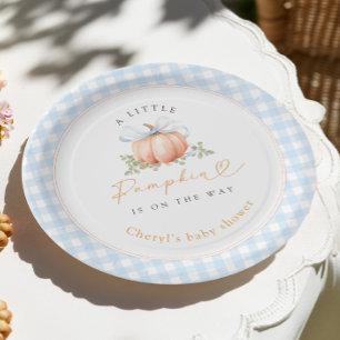 Little Pumpkin Blue Gingham Baby Shower Paper Plates