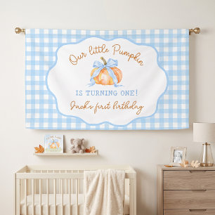 Little Pumpkin Blue Gingham Birthday Banner