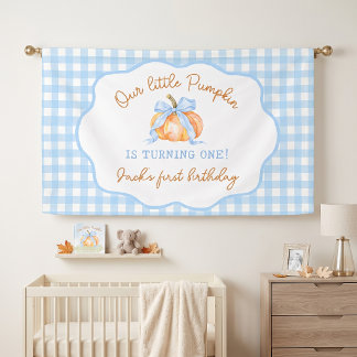 Little Pumpkin Blue Gingham Birthday Banner