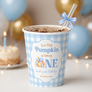Little Pumpkin Blue Gingham Birthday Paper Cups