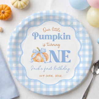 Little Pumpkin Blue Gingham Birthday Paper Plates