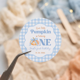 Little Pumpkin Blue Gingham Birthday Paper Sticker