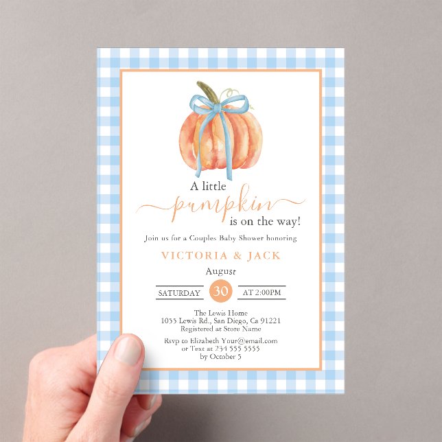 Little Pumpkin Blue Gingham Fall Baby Shower Acrylic Invitations (Insitu (Handheld))