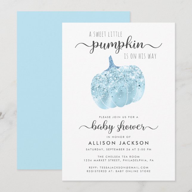 Little Pumpkin Blue Glitter Sparkle Baby Shower Invitation (Front/Back)