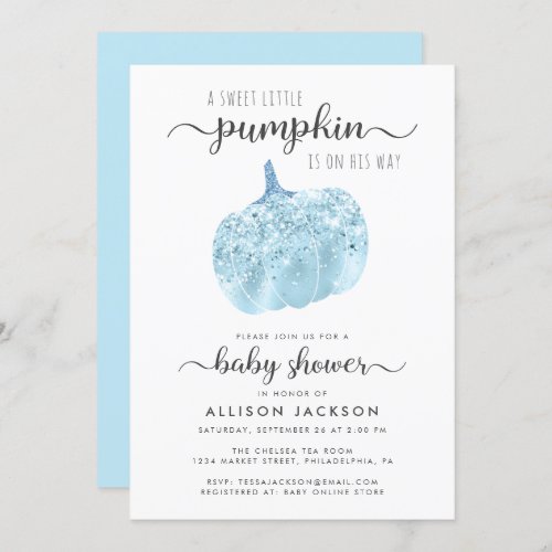 Little Pumpkin Blue Glitter Sparkle Baby Shower Invitation