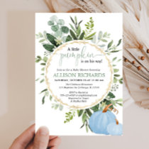 Little pumpkin blue greenery boy baby shower invitation