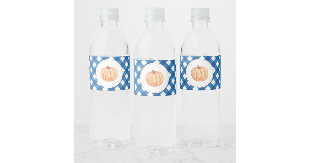 Little Pumpkin blue plaid first birthday Water Bottle Label | Zazzle