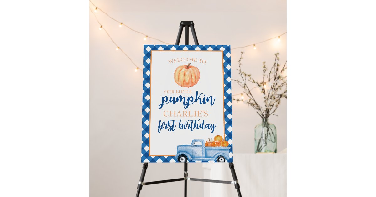 Little Pumpkin Blue Plaid Truck 1st Birthday Foam Board | Zazzle