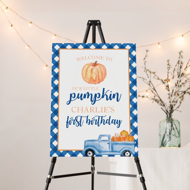 Little Pumpkin Blue Plaid Truck 1st Birthday Foam Board (In Situ (Stand))