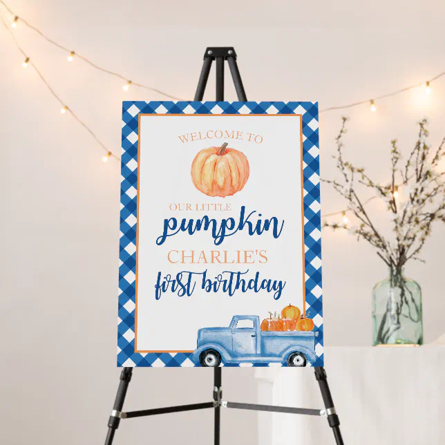 Little Pumpkin Blue Plaid Truck 1st Birthday Foam Board | Zazzle